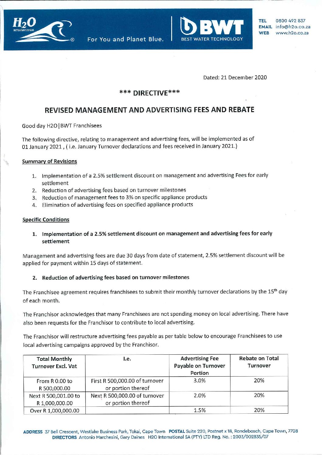 Revised management and advertising fees and rebate