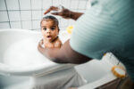 Afro,American,Man,Bathing,Cute,Toddler,Baby,In,Bathroom,At